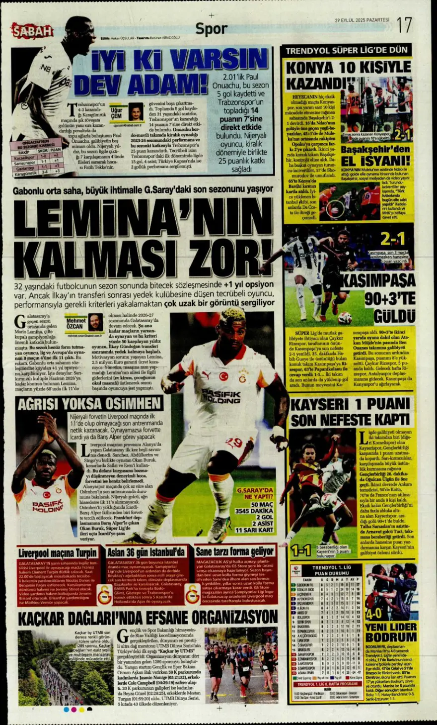 "Hayata dönüş" (29 Eylül 2025 spor manşetleri) 16