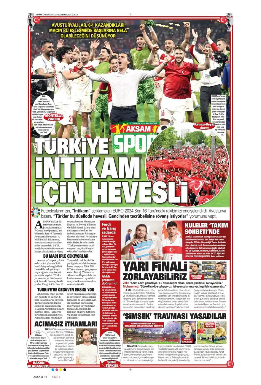 "Türkiye intikam için hevesli" (1 Temmuz 2024 spor manşetleri) 