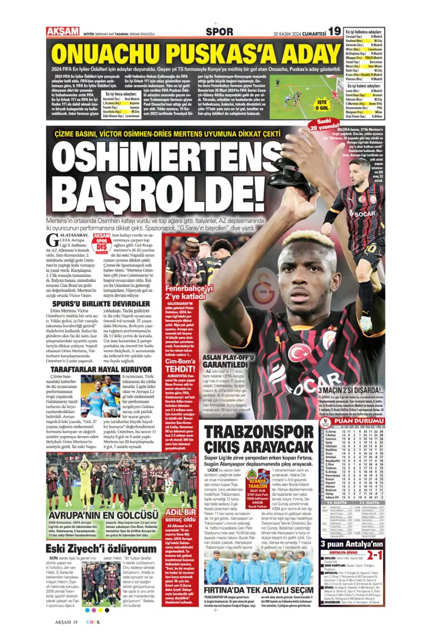 "Yeni başkan, yeni hoca" (30 Kasım 2024 spor manşetleri) 2