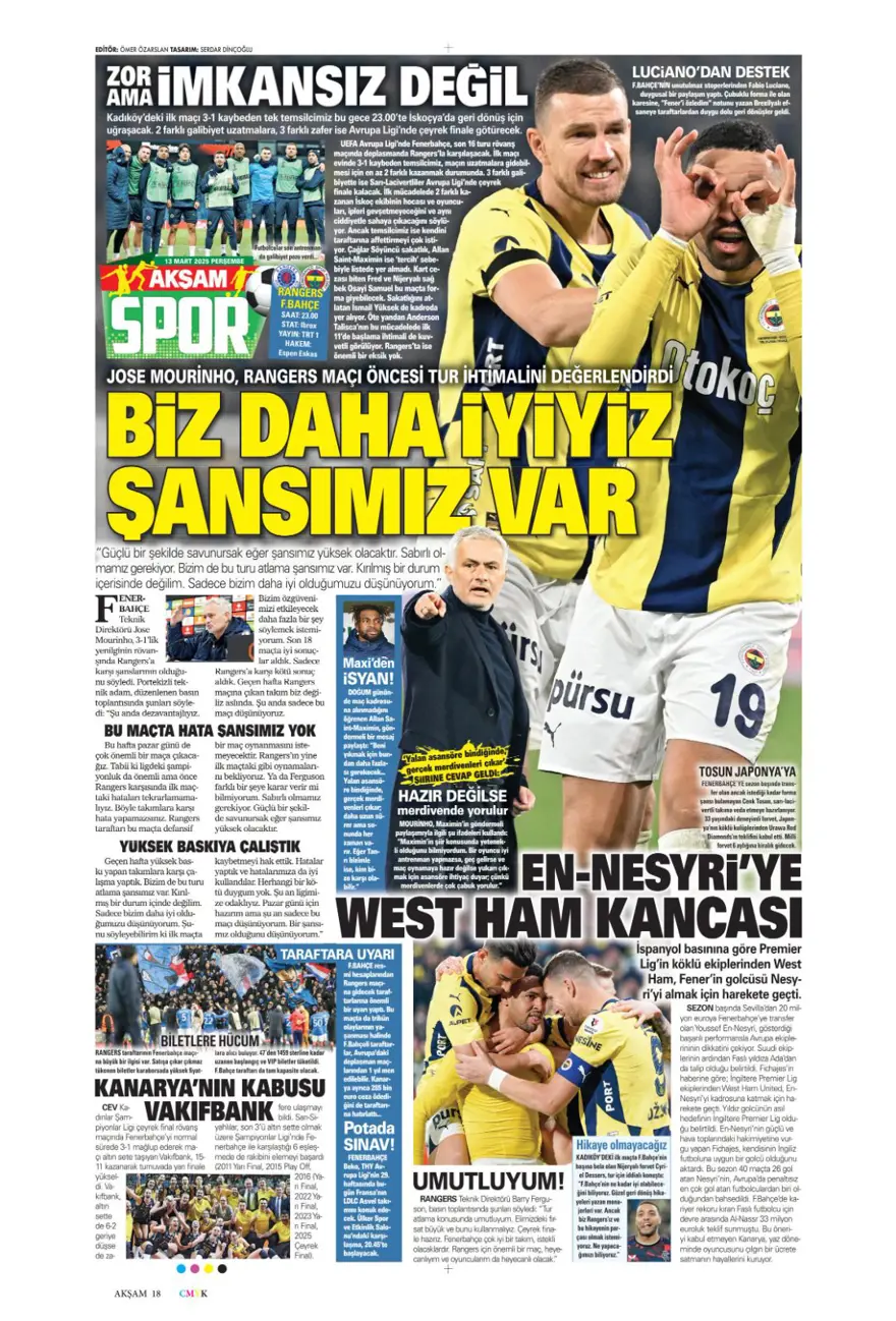 "Haydi Fener turla gel" (13 Mart 2025 spor manşetleri) 3