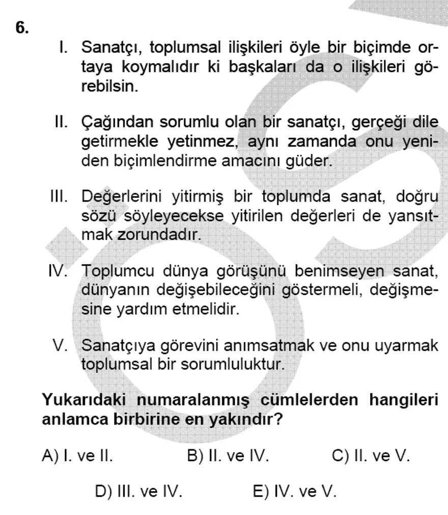 YGS Türkçe Soru ve Yanıtları 5