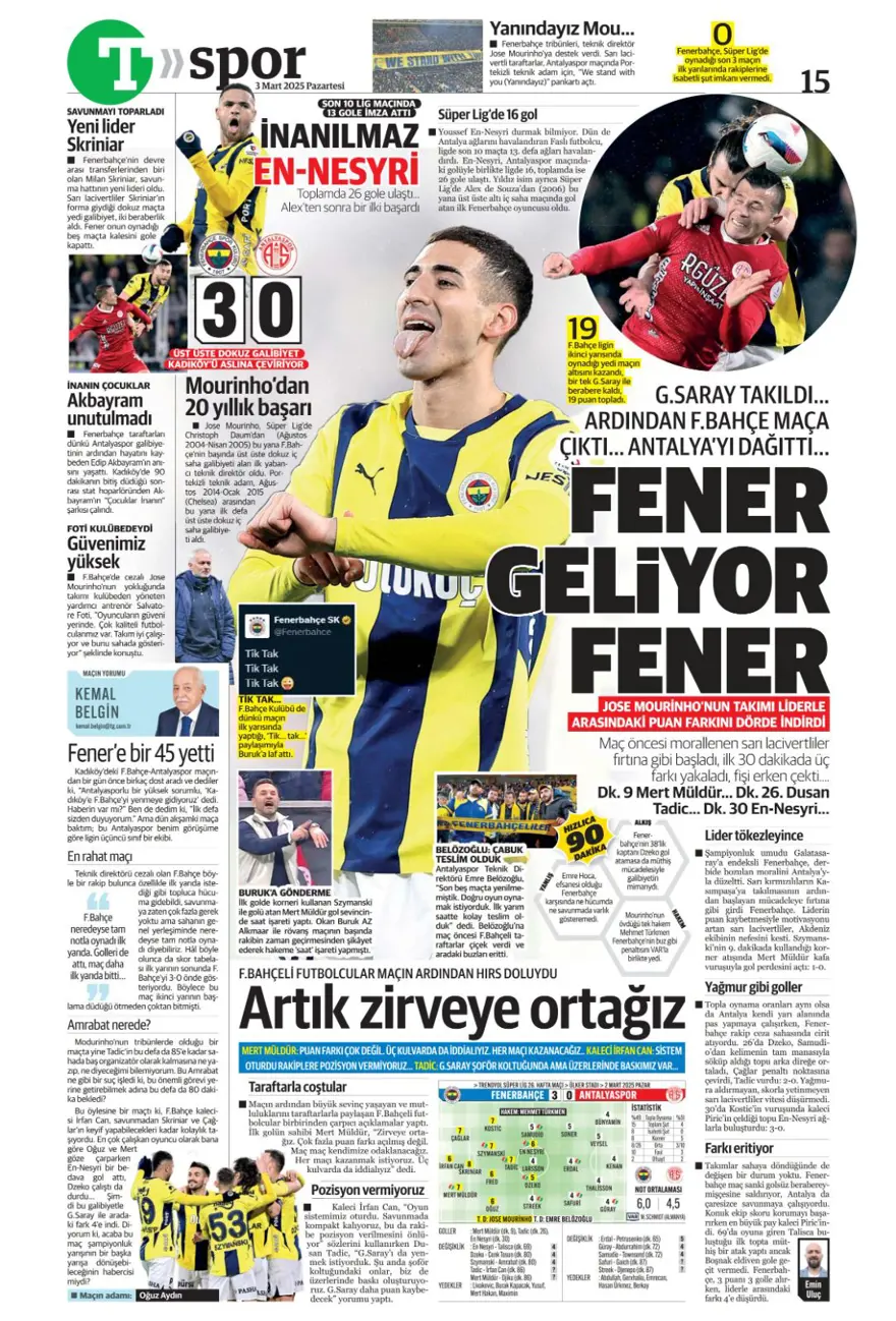 "Zirvede fark eriyor" (3 Mart 2025 spor manşetleri) 16