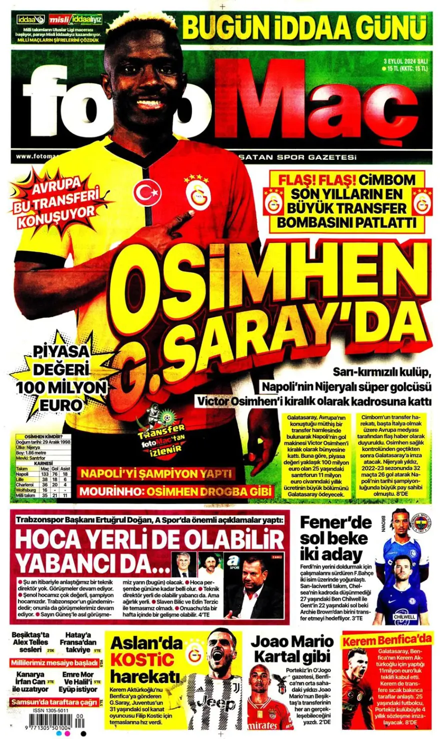 "100 milyon euroluk golcü" (3 Eylül 2024 spor manşetleri) 4