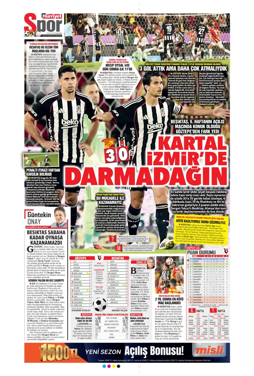 "Kartal yoğun bakımda" (20 Eylül spor manşetleri) 11