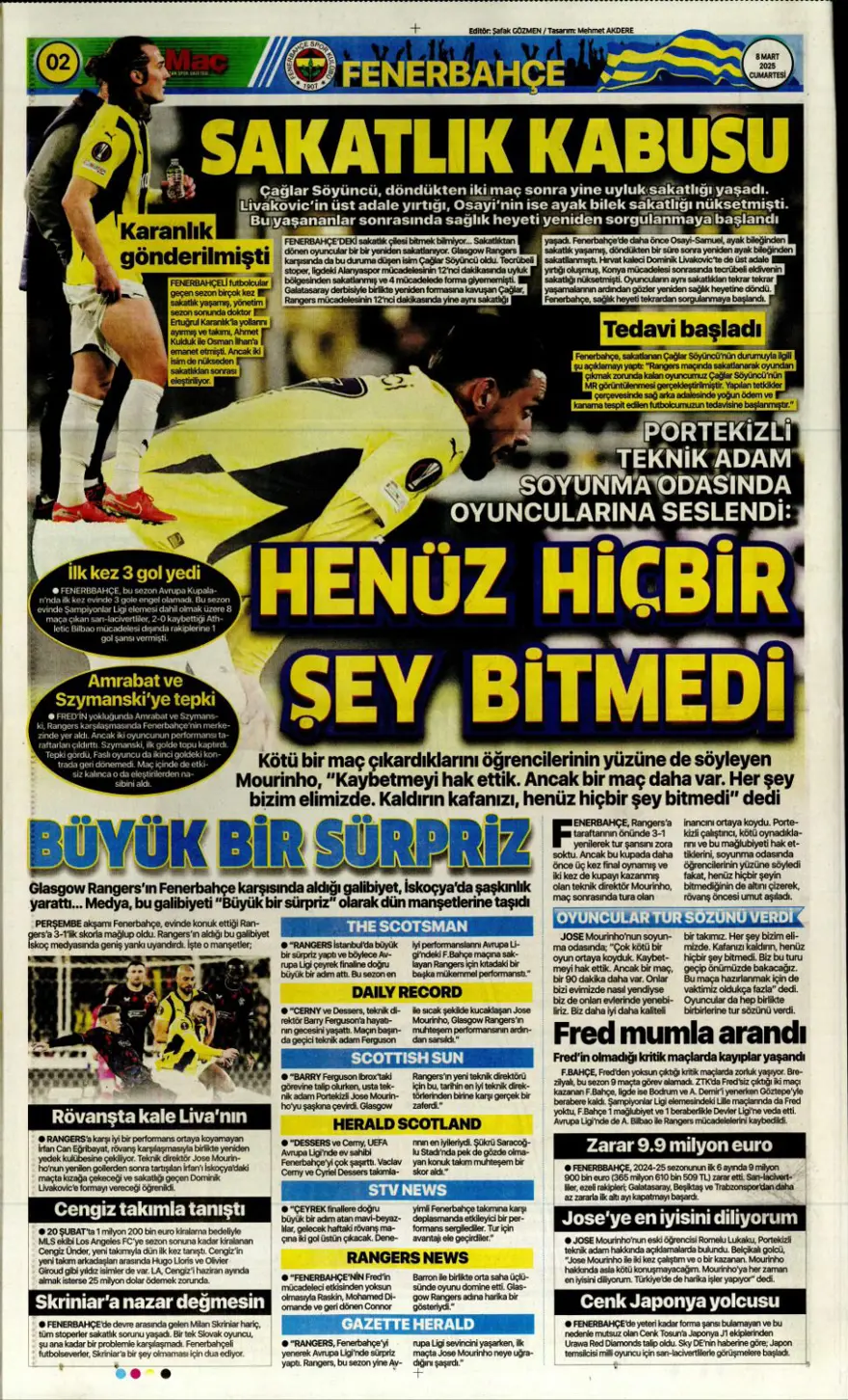 "Fatura Mourinho'ya" (8 Mart 2025 spor manşetleri) 5 "Fatura Mourinho'ya" (8 Mart 2025 spor manşetleri) 5