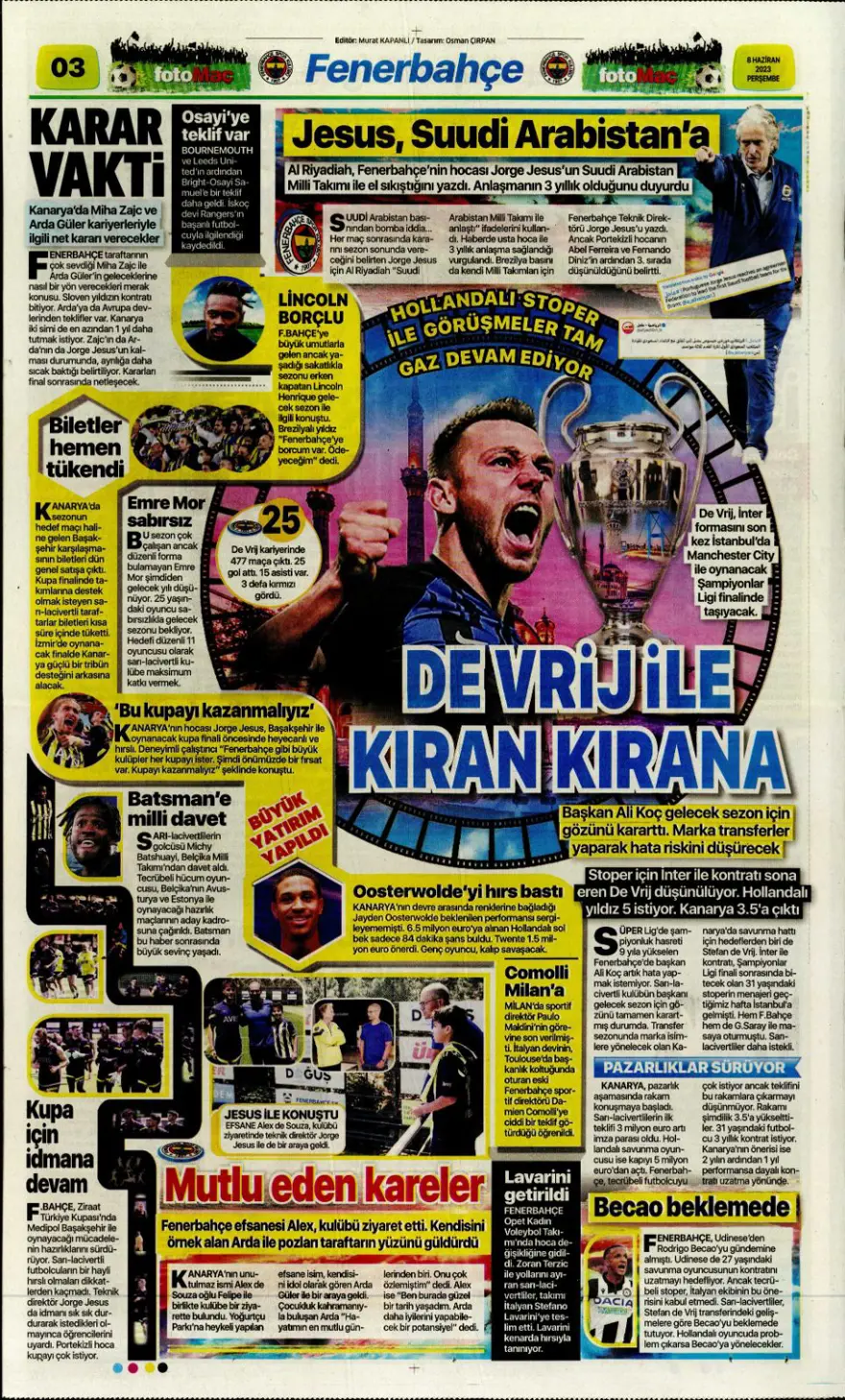 Günün spor manşetleri (8 Haziran 2023) 