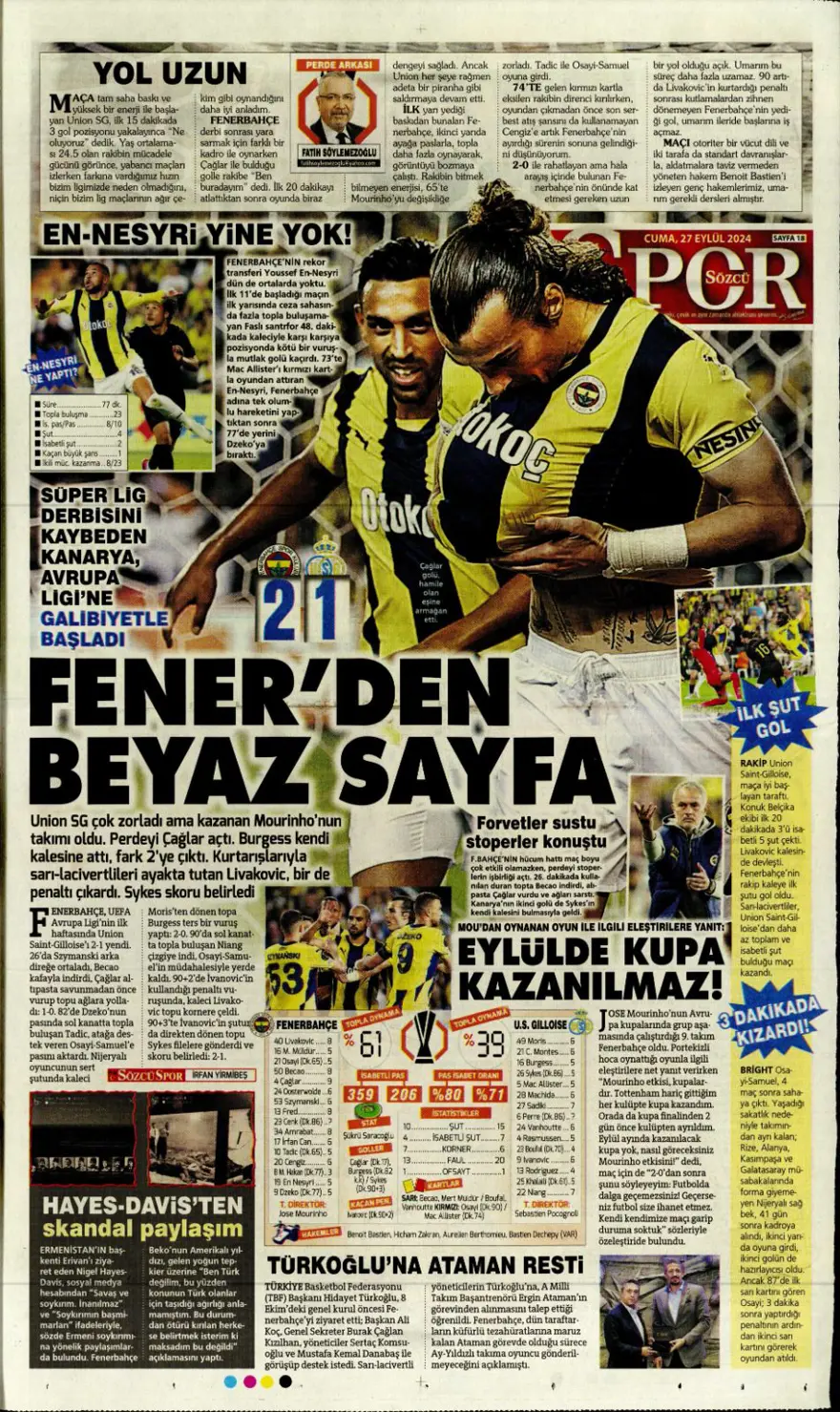 "Fener'de pansuman, Kartal darmadağın" (27 Eylül 2024 spor manşetleri) 9