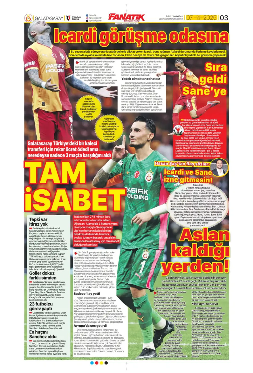 "100 milyonluk hayal kırıklığı" (7 Ekim 2025 spor manşetleri) 1