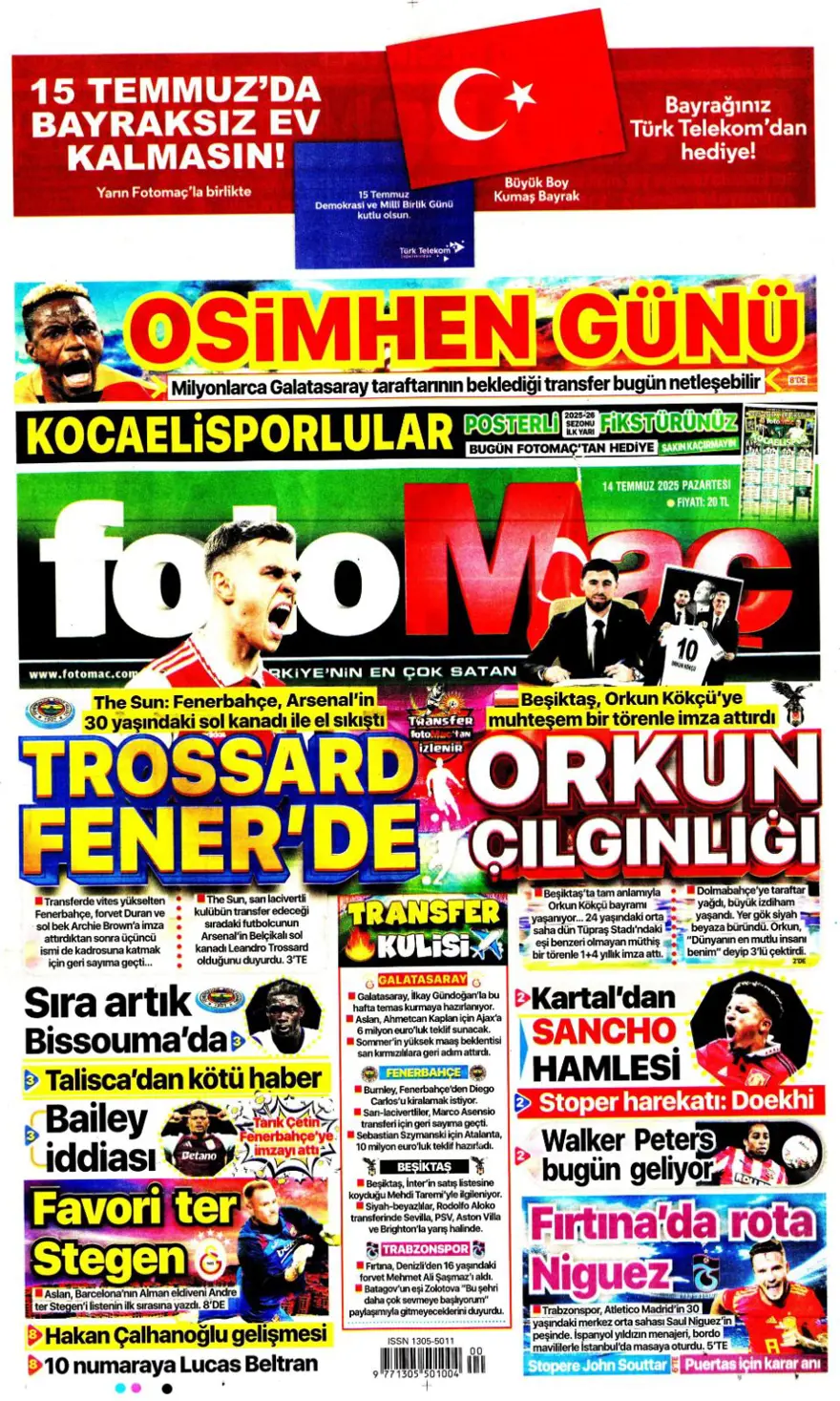 "Pasta Asensio, çilek Bissouma" (14 Temmuz 2025 spor manşetleri) 4