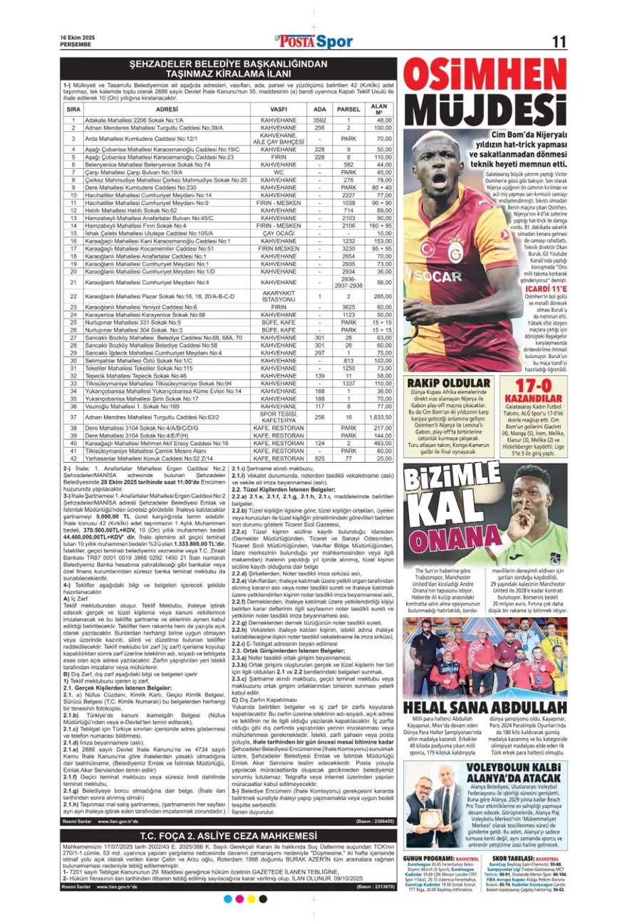 "İrfan Can bombası" (16 Ekim 2025 spor manşetleri) 10