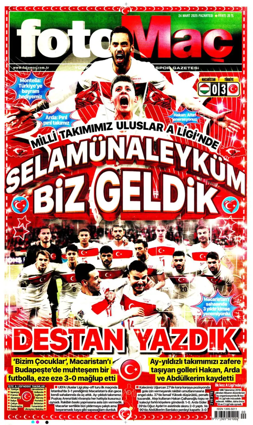 "Türkiye devler liginde" (24 Mart 2025 spor manşetleri) 2