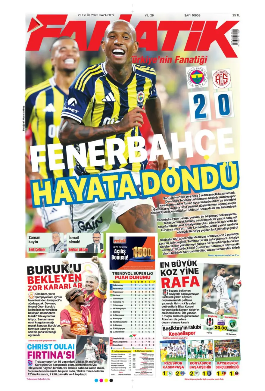 "Hayata dönüş" (29 Eylül 2025 spor manşetleri) 