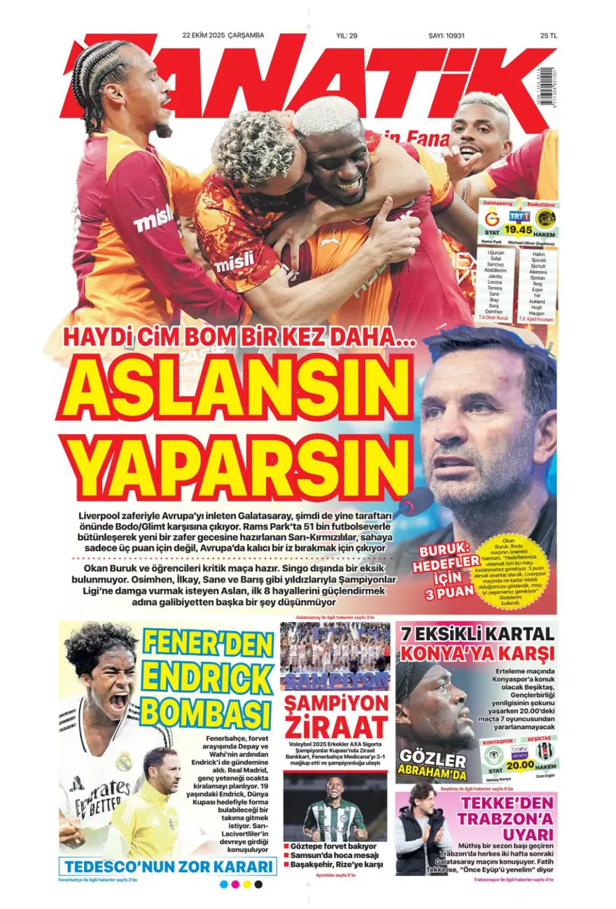 "Viking'i yen Avrupa'yı titret" (22 Ekim 2025 spor manşetleri) 