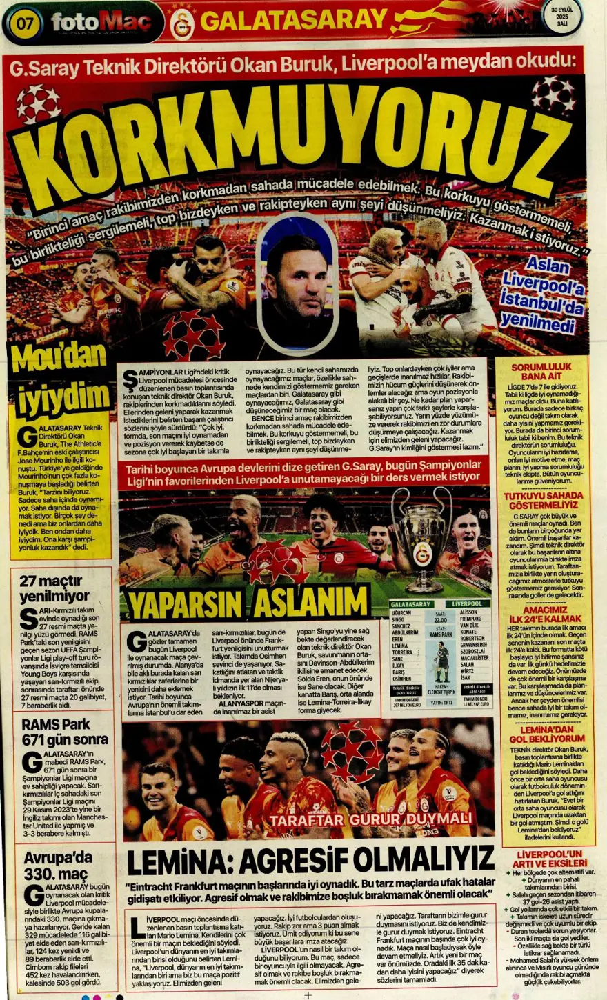 "Cehennem Liverpool'u bekliyor" (30 Eylül 2025 spor manşetleri) 2