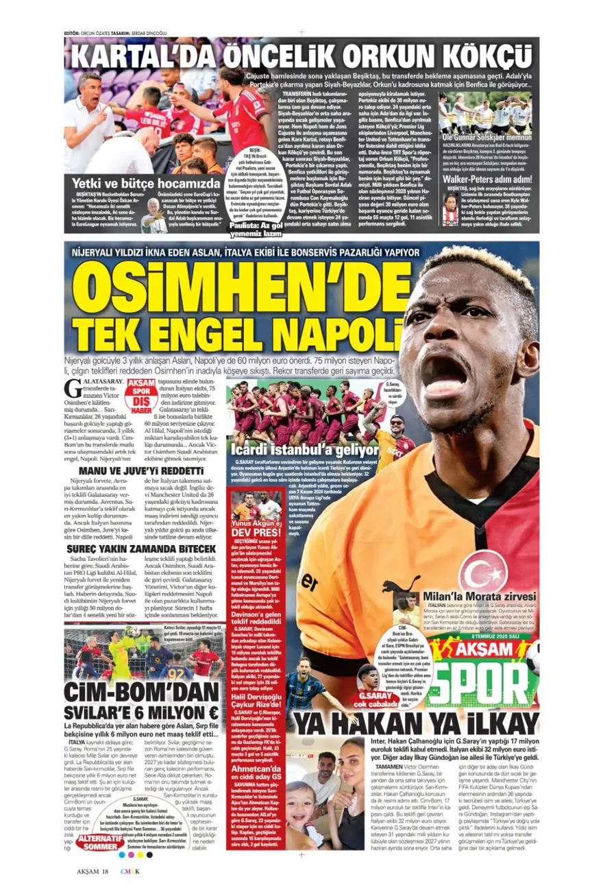 "100 milyon euro paniği" (8 Temmuz 2025 spor manşetleri) 