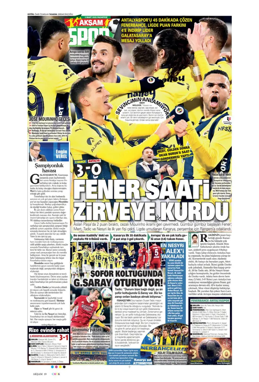 "Zirvede fark eriyor" (3 Mart 2025 spor manşetleri) 2