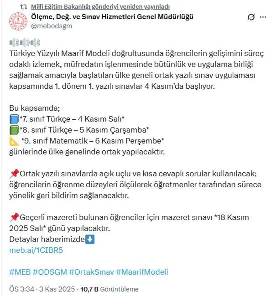 ORTAK YAZILI SINAV TARİHLERİ 1 ORTAK YAZILI SINAV TARİHLERİ 1