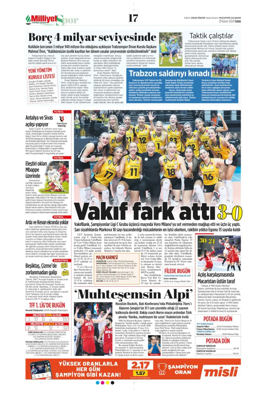 "Avrupa'da Fener alayı" (29 Kasım 2024 spor manşetleri) 23