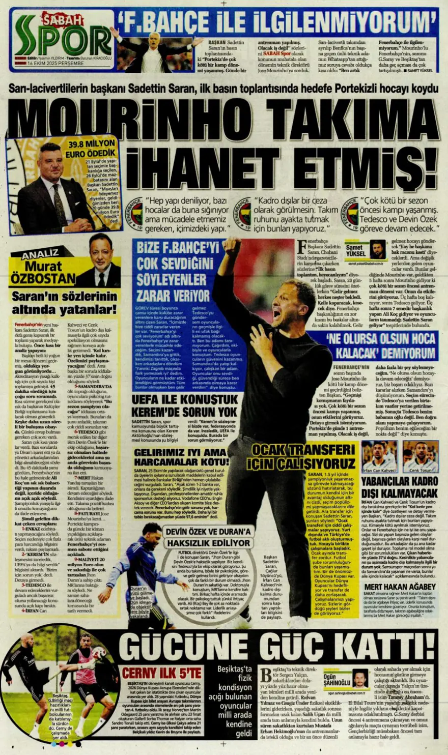 "İrfan Can bombası" (16 Ekim 2025 spor manşetleri) 12