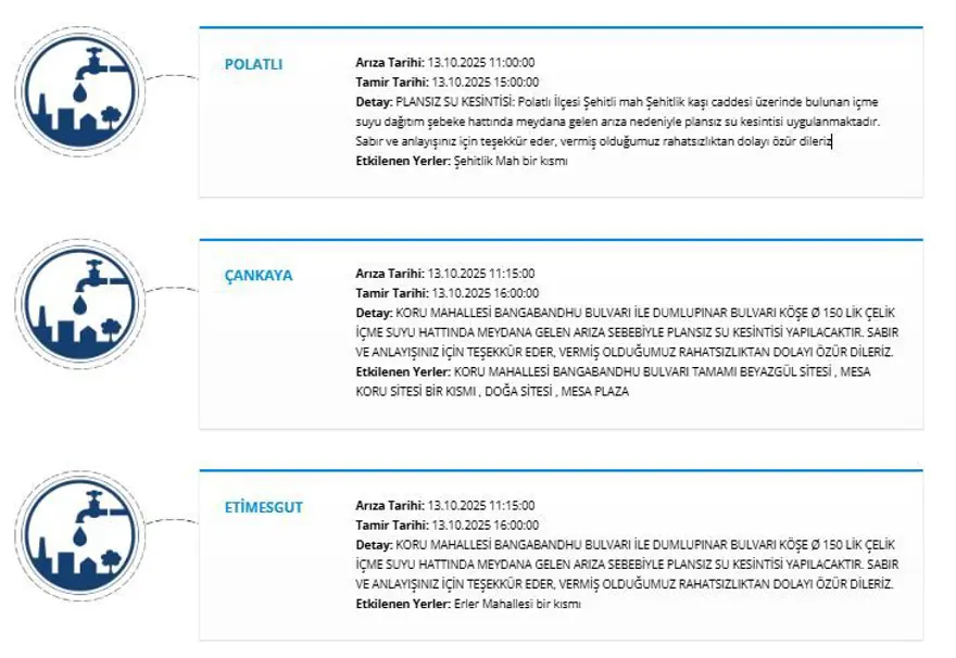 Ankara'nın 4 ilçesinde (Gölbaşı, Polatlı, Çankaya, Etimesgut) su kesintisi: Sular ne zaman gelecek? 3