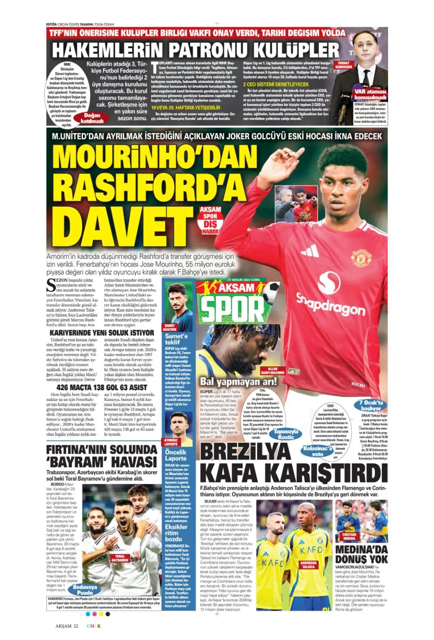 "Mourinho'dan Rashford'a davet" (27 Aralık 2024 spor manşetleri) 