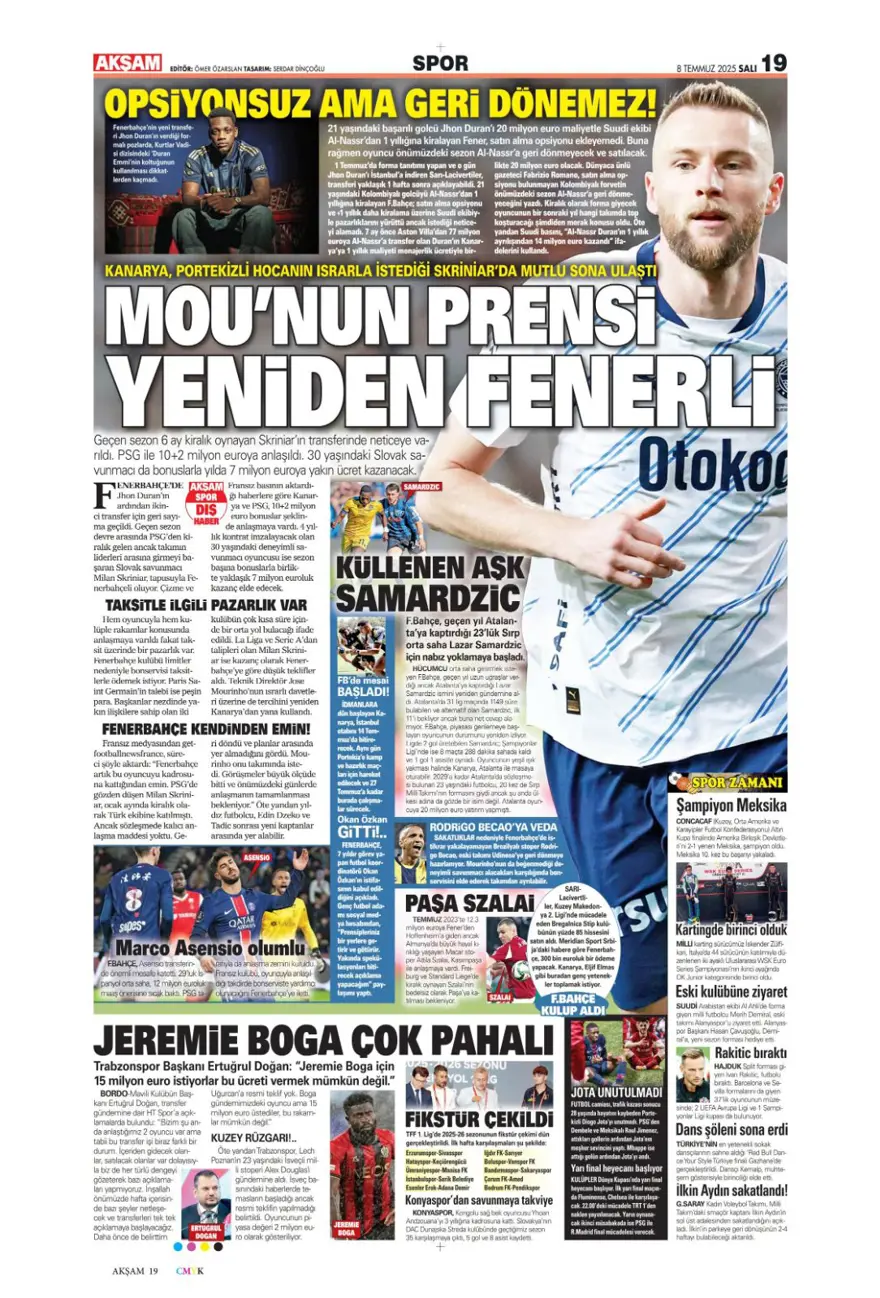 "100 milyon euro paniği" (8 Temmuz 2025 spor manşetleri) 1
