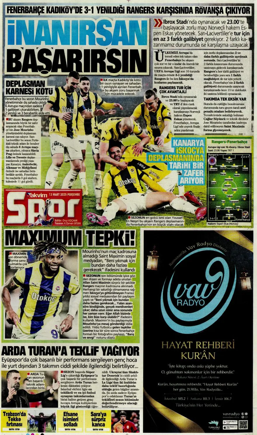 "Haydi Fener turla gel" (13 Mart 2025 spor manşetleri) 33