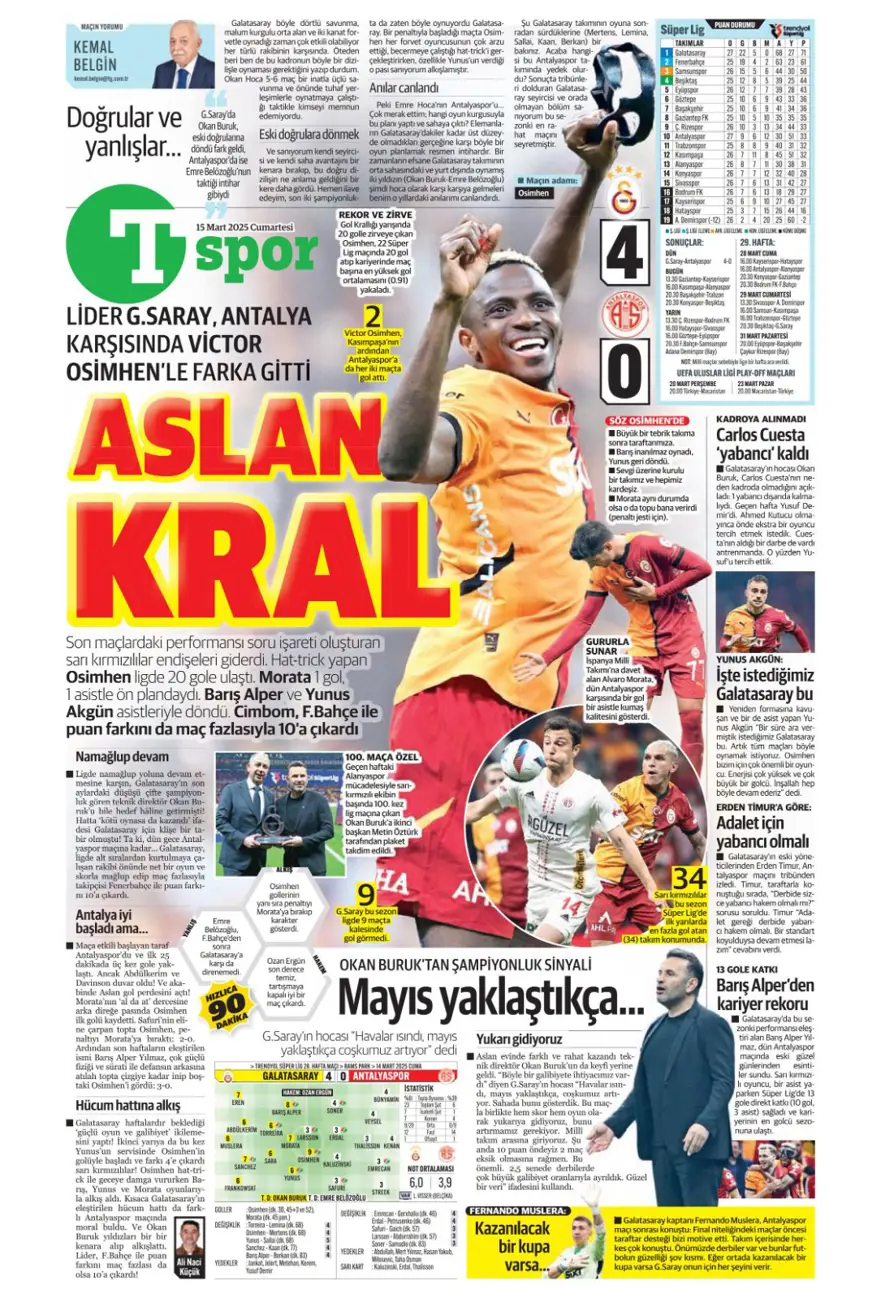 "Zirvede tek başına" (15 Mart 2025 spor manşetleri) 14