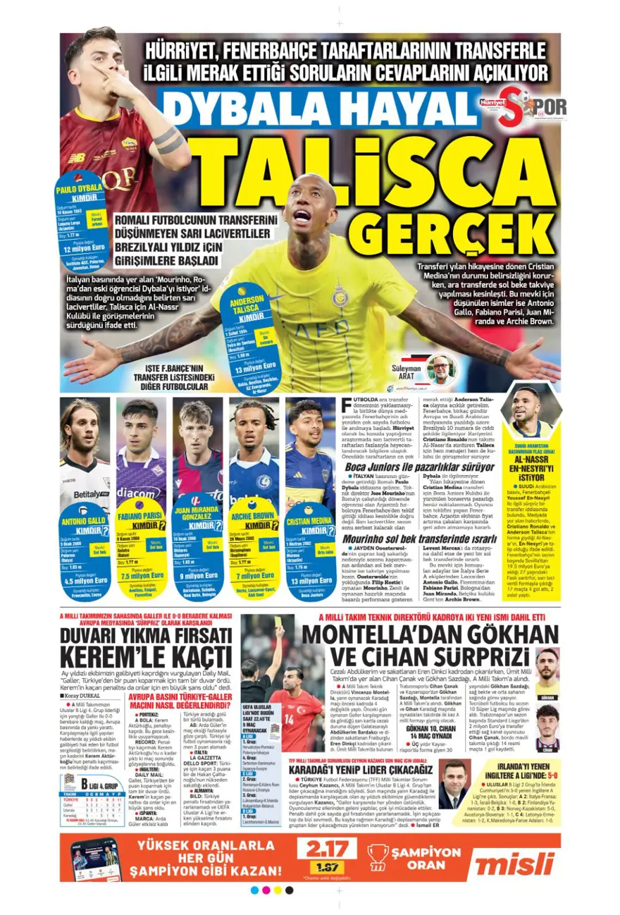 “Fenerbahçe’de dev takas” (18Kasım 2024 spor manşetleri) 18