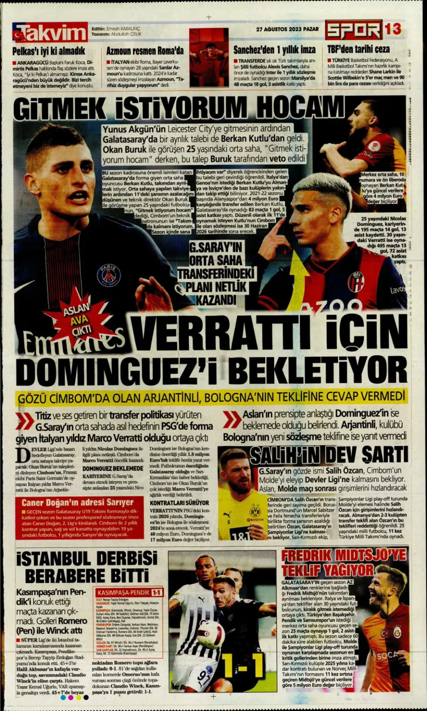 "Çilek transferler için nefesler tutuldu" (27 Ağustos 2023 spor manşetleri) 11 "Çilek transferler için nefesler tutuldu" (27 Ağustos 2023 spor manşetleri) 11