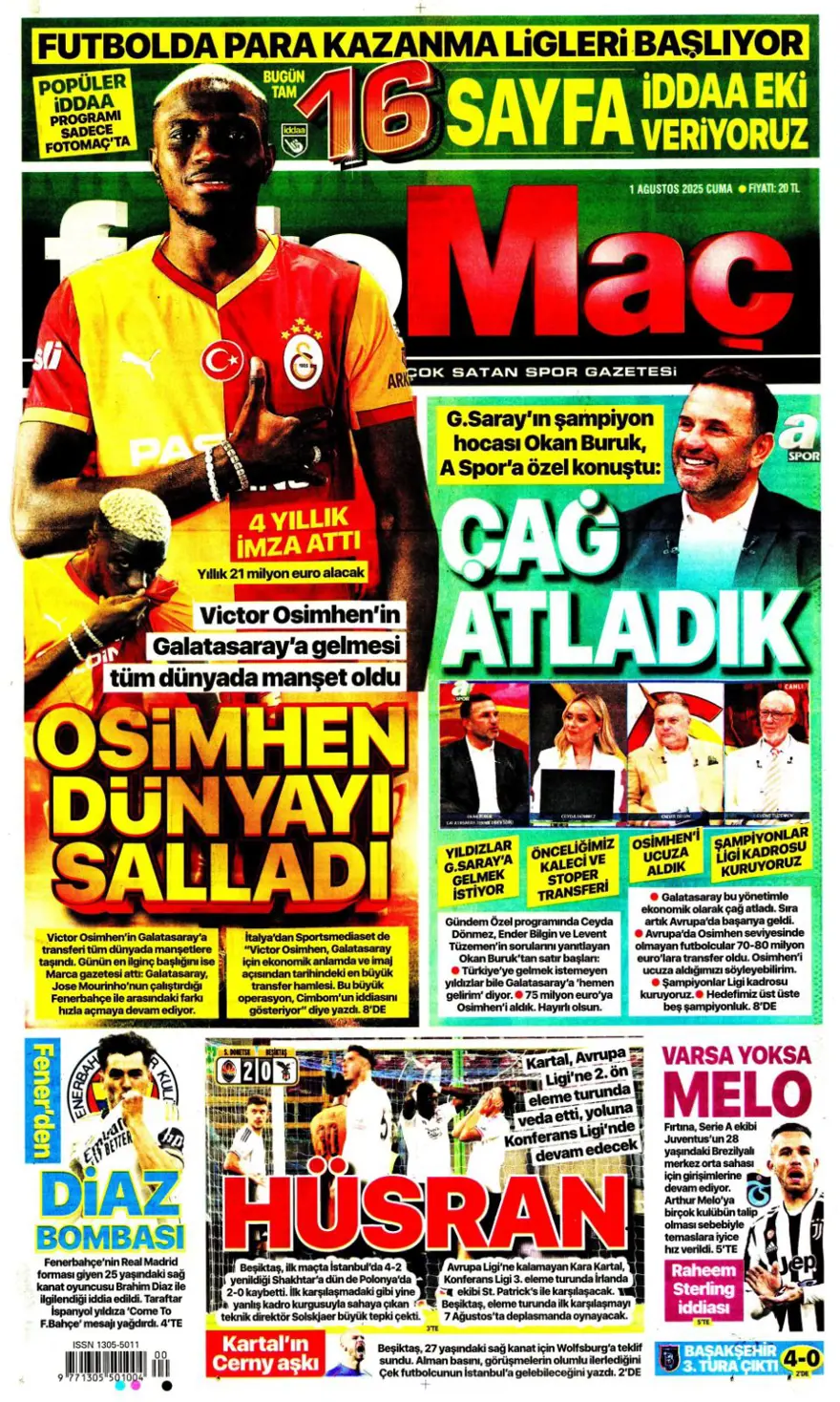 "Her yer karanlık" (1 Ağustos 2025 spor manşetleri) 4