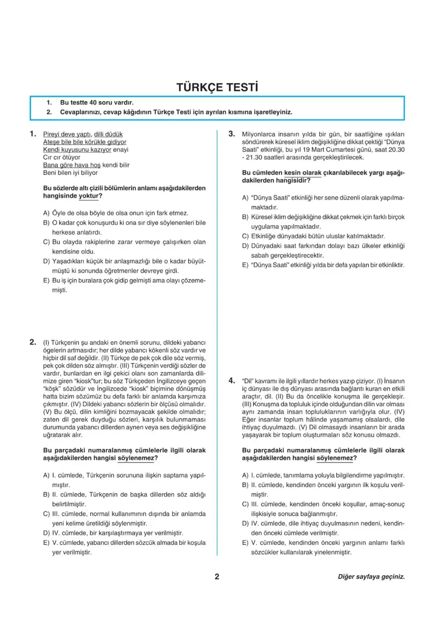 Uğur Okulları TYT -1 deneme sınavı 1