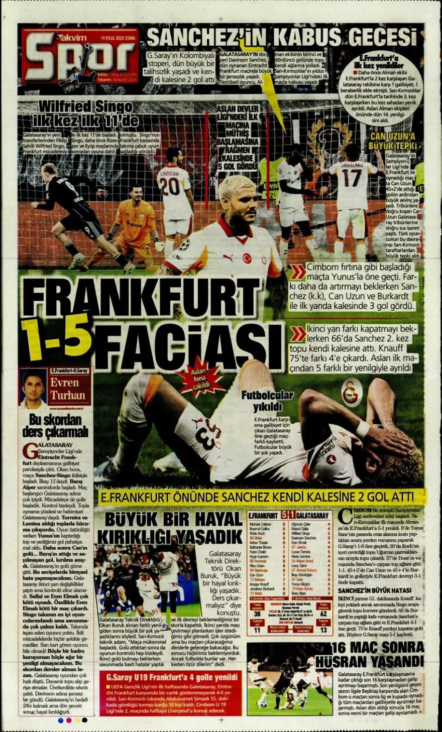 "Kabus gibi başlangıç" (19 Eylül spor manşetleri) 22