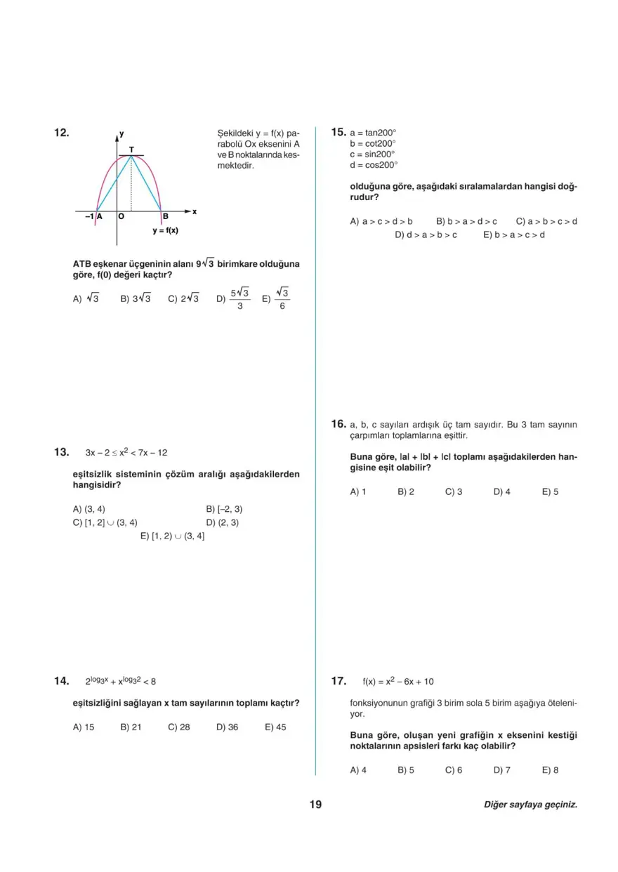 Uğur Okulları AYT -2 deneme sınavı 18