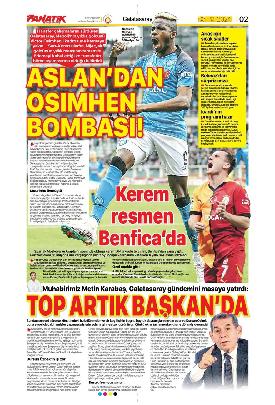 "100 milyon euroluk golcü" (3 Eylül 2024 spor manşetleri) 6