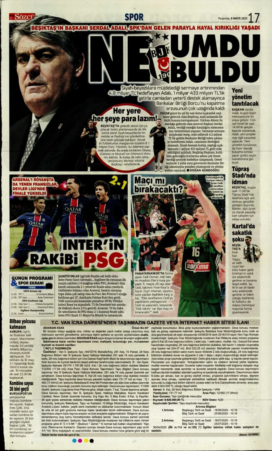 "Alacağım yok, borcum var" (8 Mayıs 2025 spor manşetleri) 18