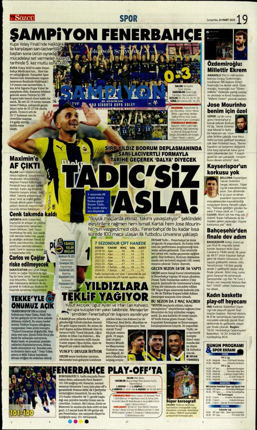 "Mourinho, Sancho'yu istedi" (26 Mart 2025 spor manşetleri) 9