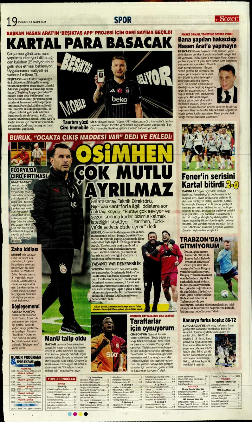 “Fenerbahçe’de dev takas” (18Kasım 2024 spor manşetleri) 30