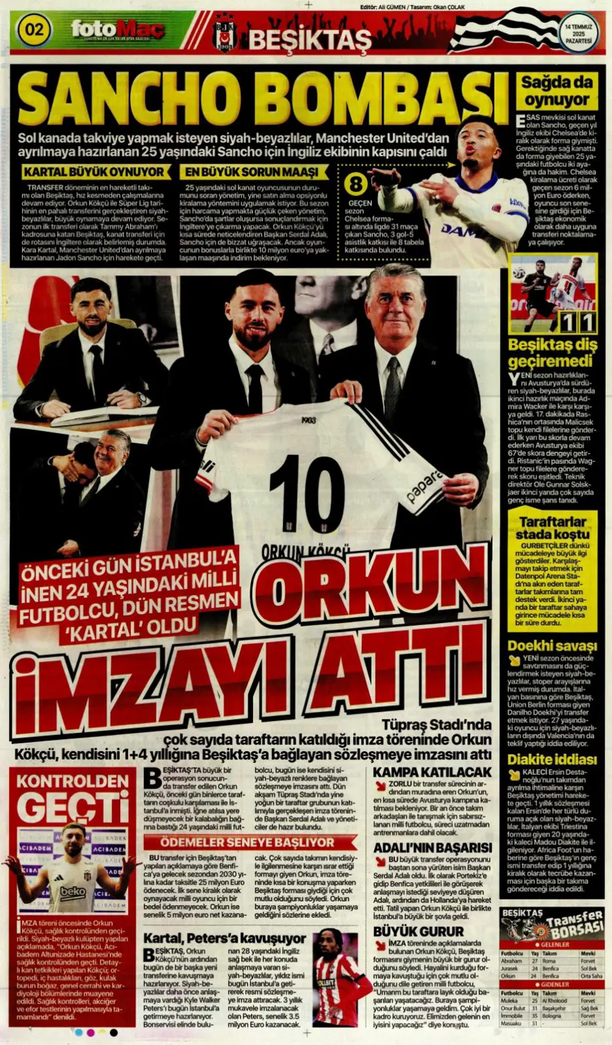 "Pasta Asensio, çilek Bissouma" (14 Temmuz 2025 spor manşetleri) 5