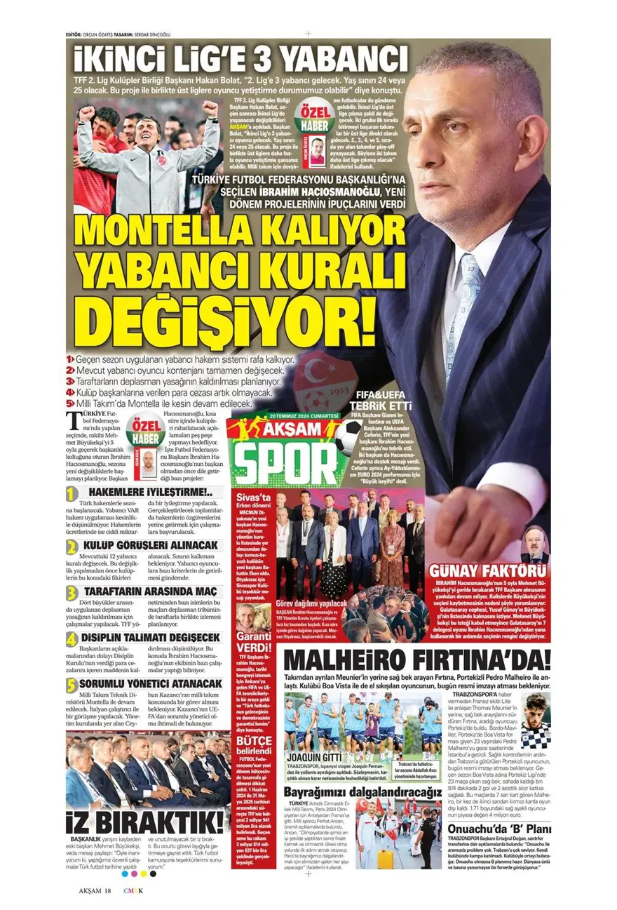 "Montella kalıyor yabancı kuralı değişiyor" (20 Temmuz 2024 spor manşetleri) "Montella kalıyor yabancı kuralı değişiyor" (20 Temmuz 2024 spor manşetleri)