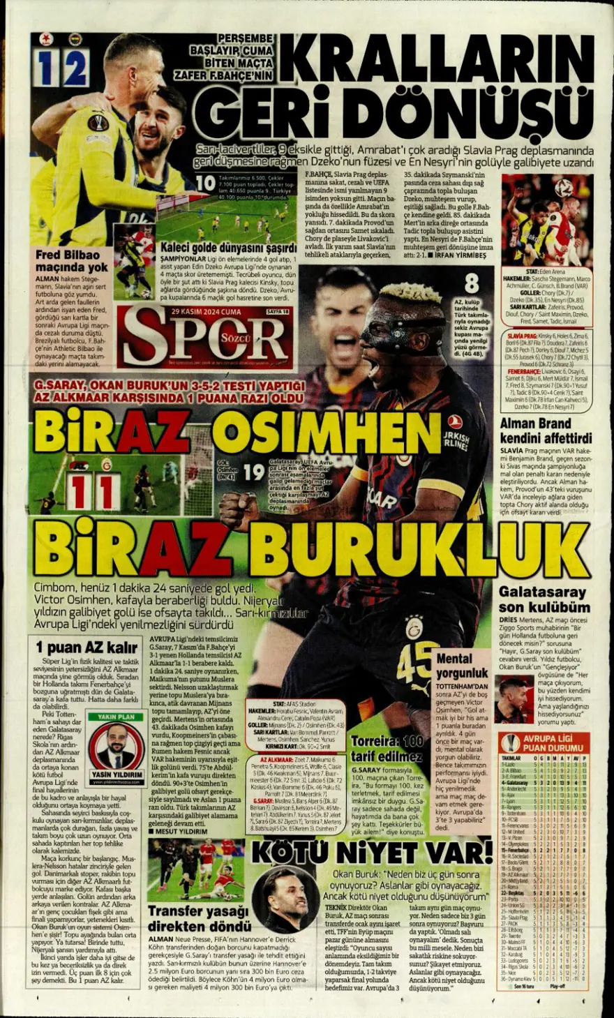"Avrupa'da Fener alayı" (29 Kasım 2024 spor manşetleri) 29