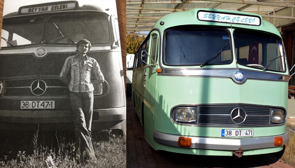 Babasının emanet bıraktığı 1955 model otobüse özenle bakıyor