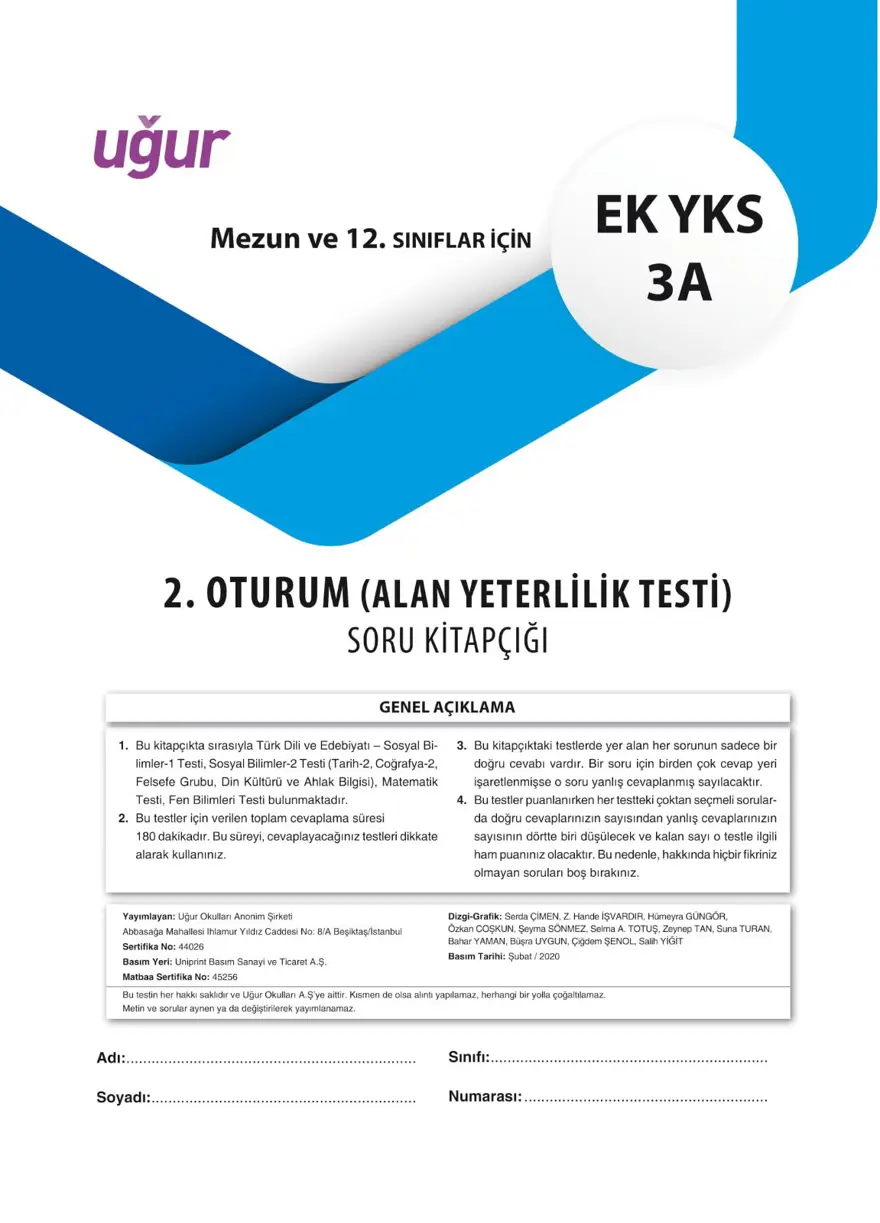 Uğur Okulları YKS - AYT deneme sınavı Uğur Okulları YKS - AYT deneme sınavı
