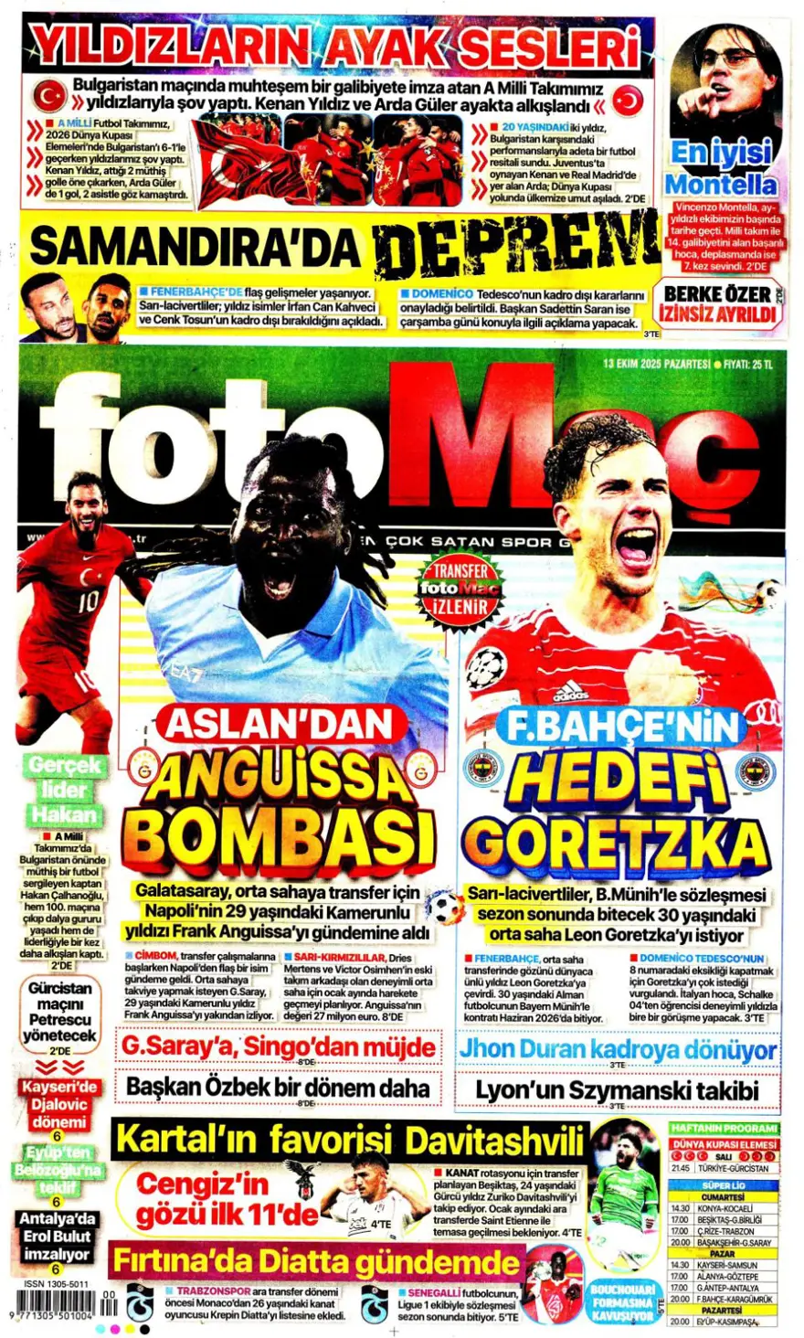 "Bayern'in dinamosu Fener'e..." (13 Ekim 2025 spor manşetleri) 3