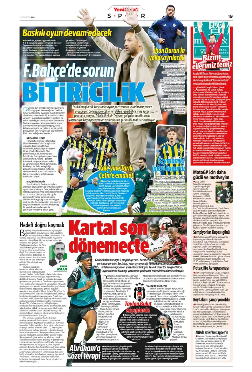 "Fenerbahçe'nin kader virajı" (21 Ekim 2025 spor manşetleri) 27