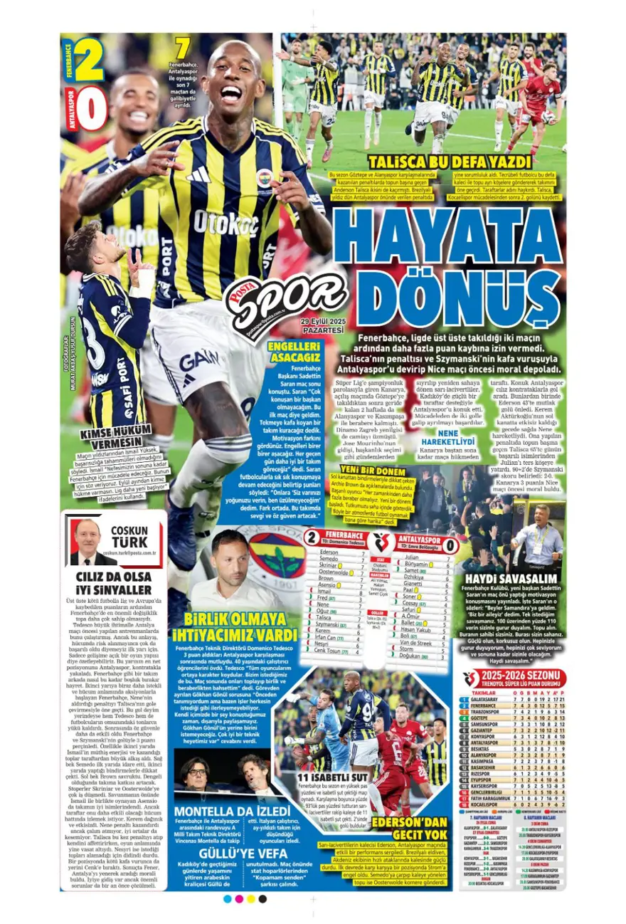 "Hayata dönüş" (29 Eylül 2025 spor manşetleri) 14