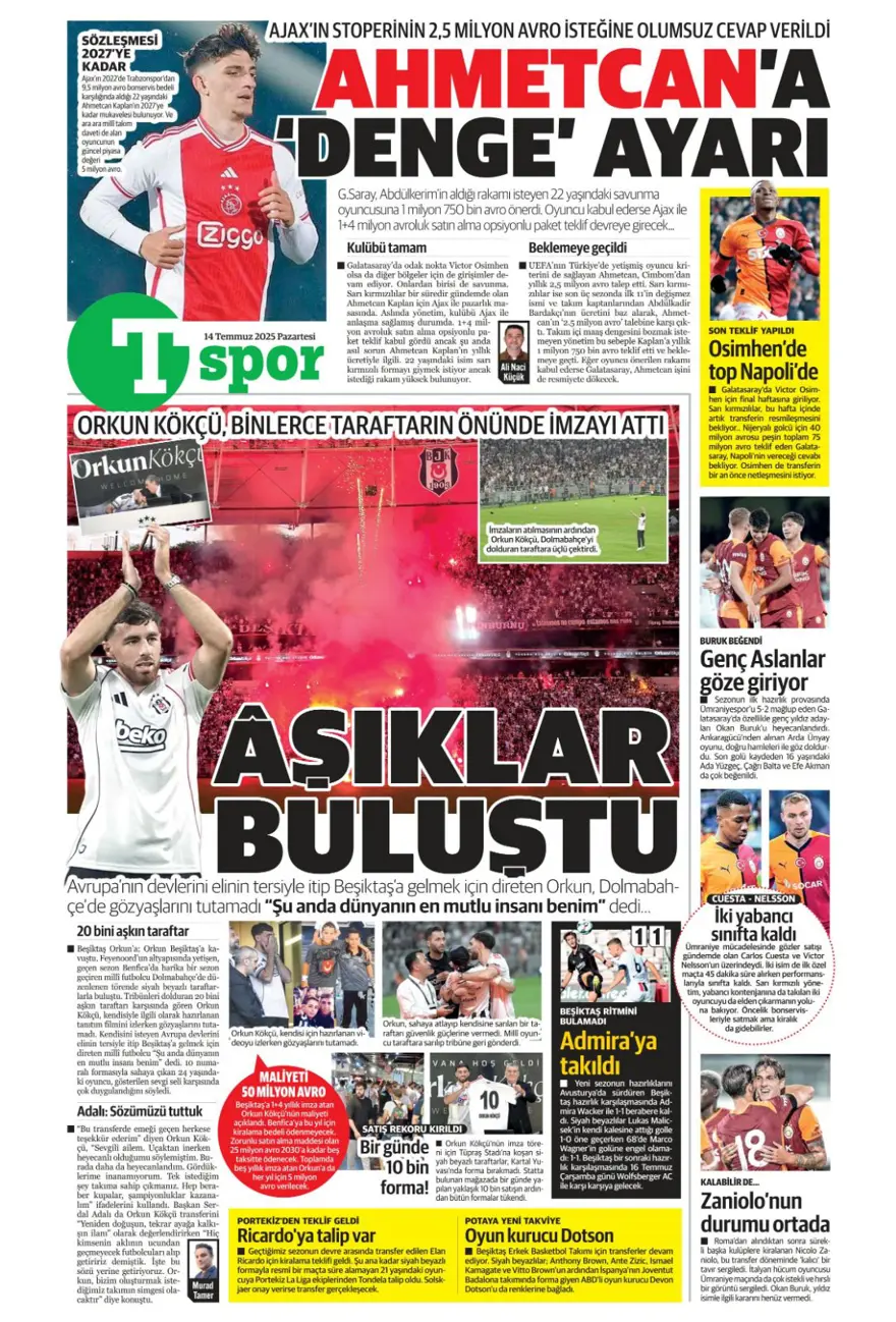 "Pasta Asensio, çilek Bissouma" (14 Temmuz 2025 spor manşetleri) 20