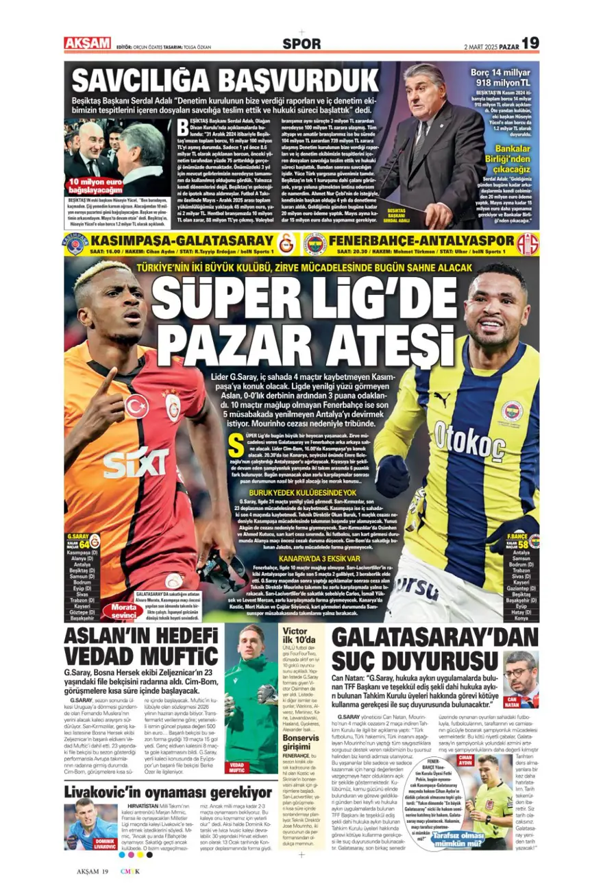 "Süper Lig'de pazar ateşi" (2 Mart 2025 spor manşetleri) 
