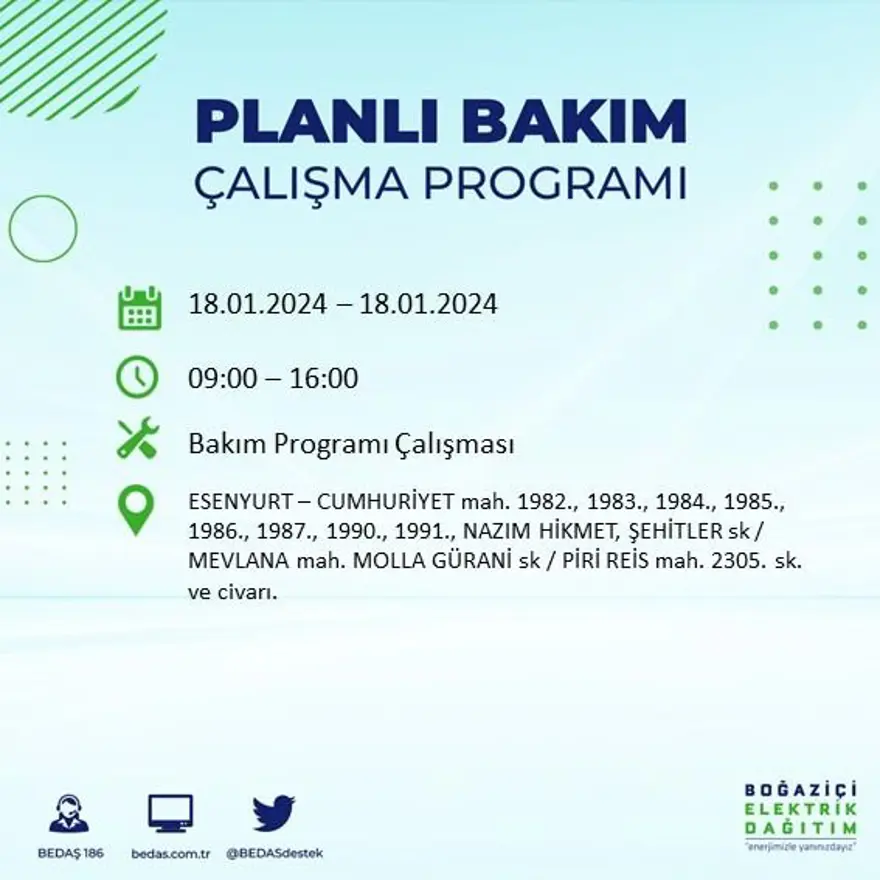 İstanbul'un 17 ilçesinde elektrik kesintisi yaşanacak: Elektrikler ne zaman gelecek? (18 Ocak BEDAŞ kesinti programı) 21