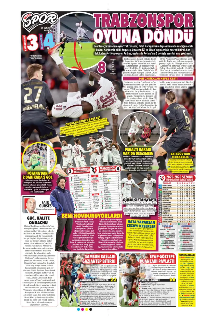 "Fenerbahçe'nin kader gecesi" (28 Eylül 2025 spor manşetleri) 14